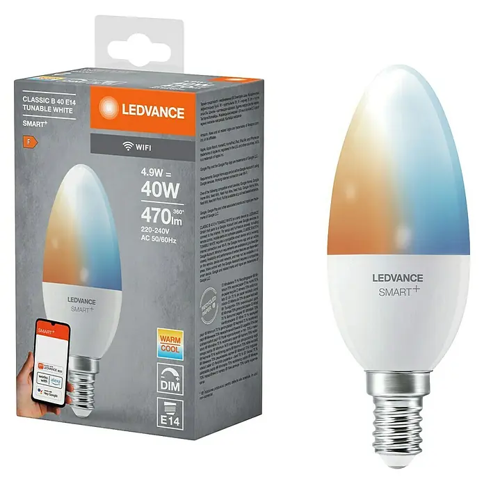 Ledvance Smart+ WiFi Smart-LED-Lampe B40 - E14, Dimmbar, Mehrfarbig, 470 lm, 4,9 W - LEDVANCE SMART+ Classic B40 E14 - Intelligente LED-Lampe für stimmungsvolle Beleuchtung und flexible Steuerung per App.