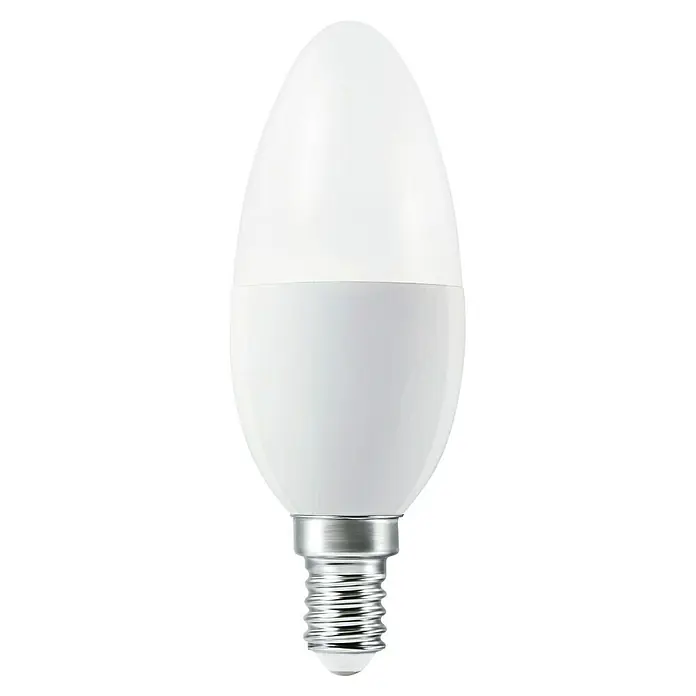 Ledvance Smart+ WiFi Smart-LED-Lampe B40 - E14, Dimmbar, Mehrfarbig, 470 lm, 4,9 W - Nahaufnahme einer LED-Lampe in Kerzenform mit E14-Sockel, ideal für dekorative Beleuchtung und energieeffizientes Licht.
