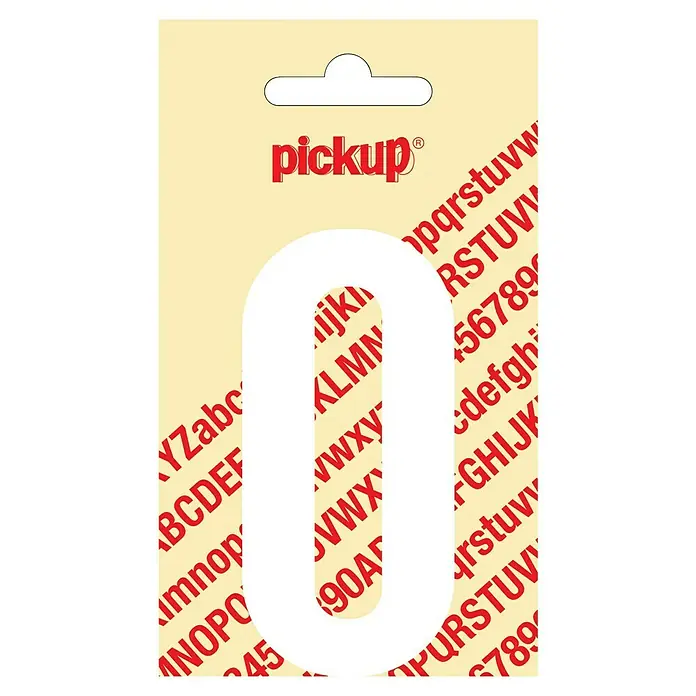Pickup Aufkleber - Motiv: O, Weiß, Höhe: 90 mm - Nahaufnahme einer Verpackung mit dem weißen Buchstaben "O" von Pickup, umgeben von roten Buchstaben und Zahlen auf beigem Hintergrund.