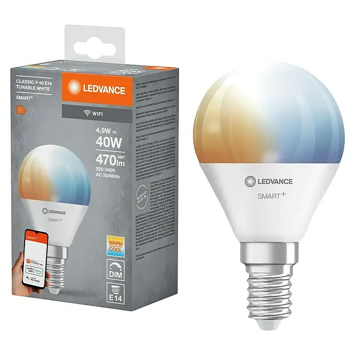 Ledvance Smart+ WiFi Smart-LED-Lampe P40 - E14, Dimmbar, Mehrfarbig, 470 lm, 4,9 W - Produktbild der LEDVANCE SMART+ Classic P 40 E14 Glühbirne, die eine einstellbare weiße Beleuchtung und intelligente Funktionen bietet.