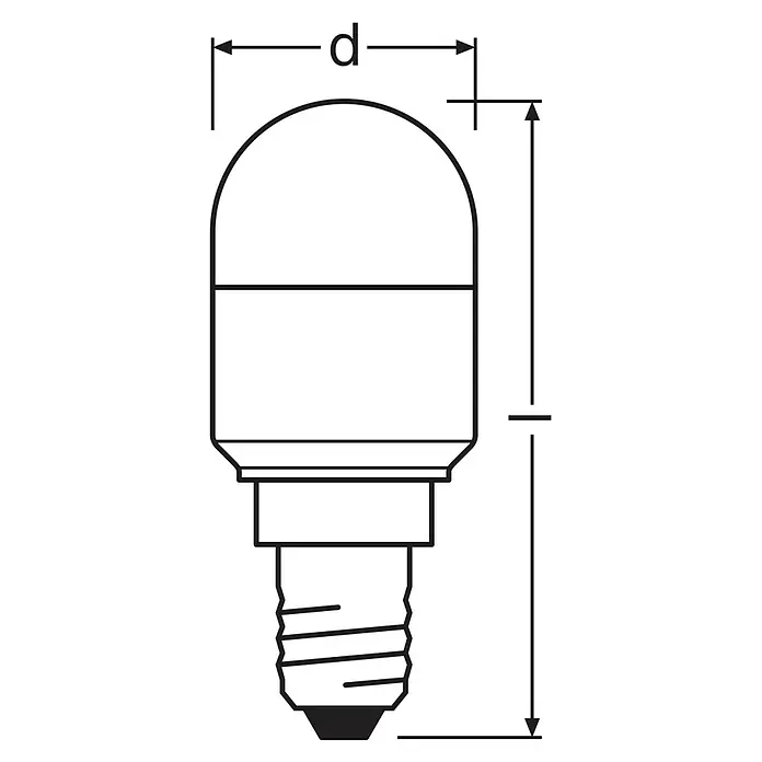 Ledvance LED-Lampe Special T - E14, 2,3 W, 200 lm - Abbildung einer LED-Lampe mit E14-Sockel, die die Abmessungen Durchmesser (d) und Gesamtlänge der Lampe zeigt.