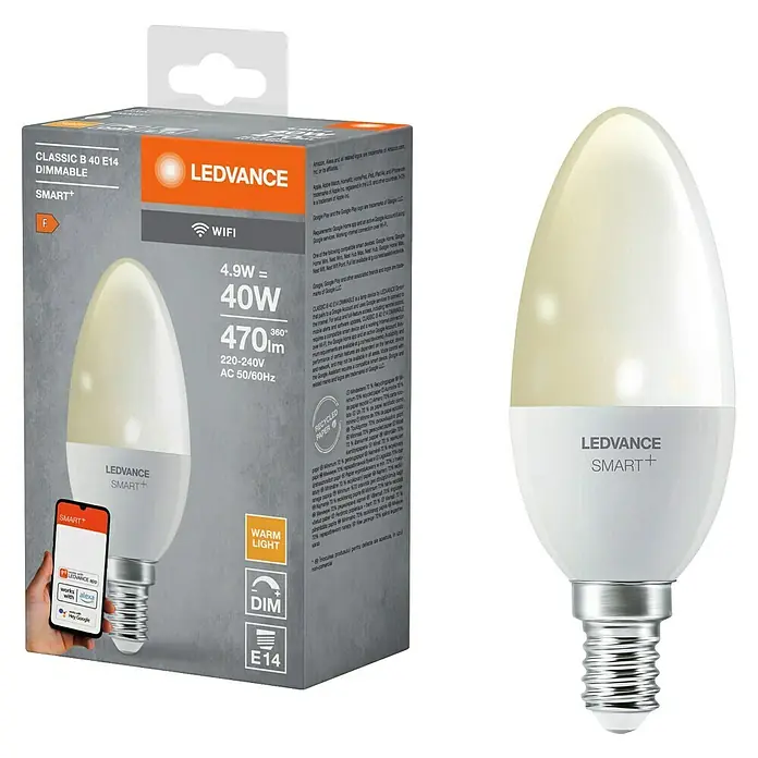 Ledvance Smart+ WiFi Smart-LED-Lampe B40 - E14, Dimmbar, Warmweiß, 470 lm, 4,9 W - Produktbild: LEDVANCE SMART+ Classic B40 E14 Dimmbare LED-Lampe, die intelligentes Licht in Ihr Zuhause bringt.