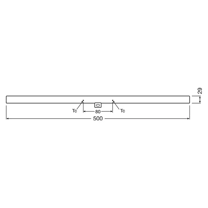 Ledvance LED-Röhre Ledinestra S14D - Länge: 50 cm, Warmweiß, 4,7 W, 470 lm, S14d - Abbildung eines technischen Produkts mit den Maßen 500 x 29, sowie Angaben zu Tc und 80. Technische Zeichnung mit Details.
