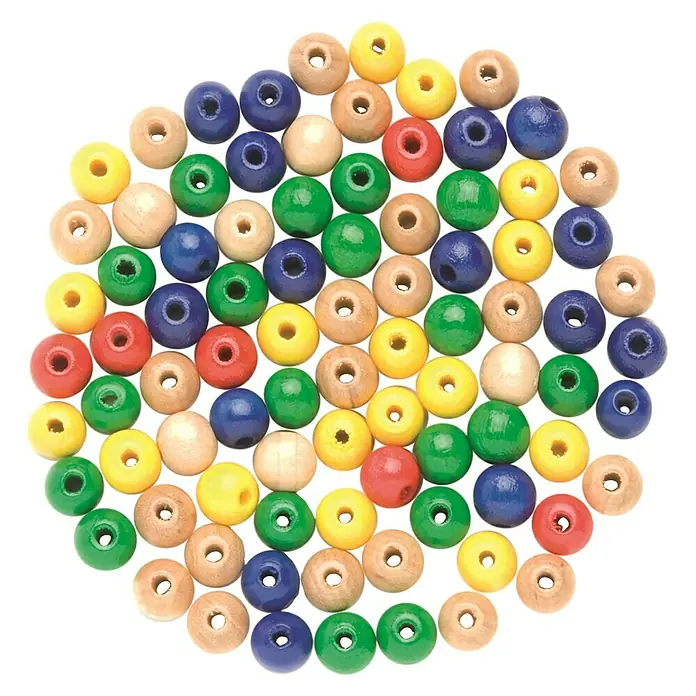 Glorex Holzperlen - Mehrfarbig, Durchmesser: 12 mm, 28 Stk. - Verschiedenfarbige Holzperlen mit Löchern in einem Haufen. Bastelperlen in Naturholz-, Gelb-, Grün-, Blau- und Rottönen.