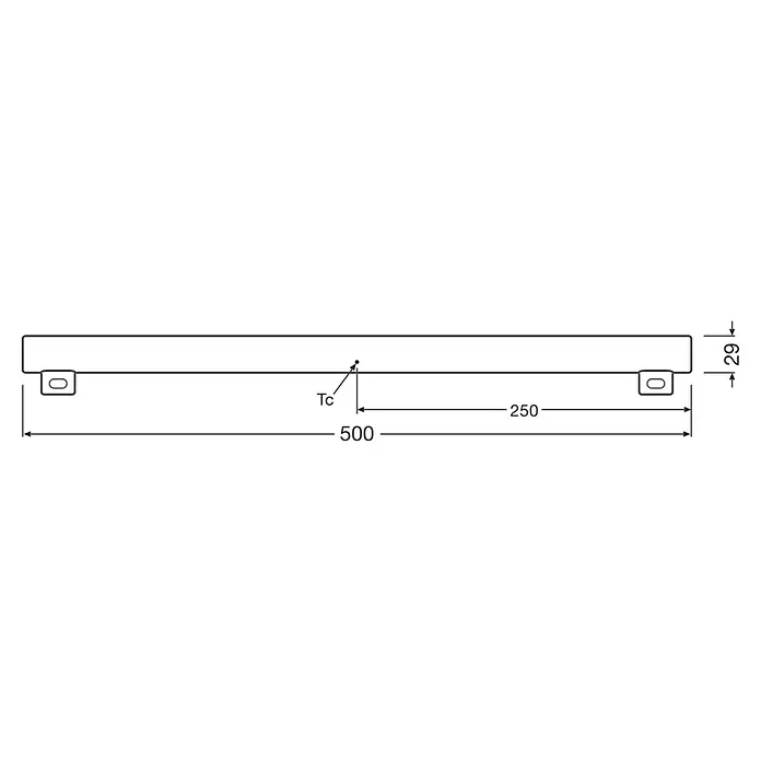 Ledvance LED-Röhre Ledinestra S14S - Länge: 50 cm, Warmweiß, 4,7 W, 470 lm, S14s - Eine technische Zeichnung eines LED-Balkens mit Abmessungen. Dargestellt sind die Maße 500, 250 und 29 mm des LED-Leuchtkörpers.