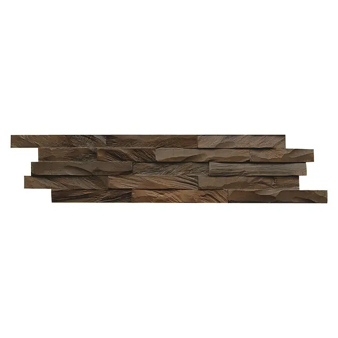 Indo Wandpaneel 3D Wall Diamondwood Ancient Brown - Teak, 610 x 150 x 10 mm, 1,006 m² - Dekoratives Wandpaneel mit einer Oberfläche in Holzoptik. Das Paneel ist braun und aus einzelnen Elementen zusammengesetzt.