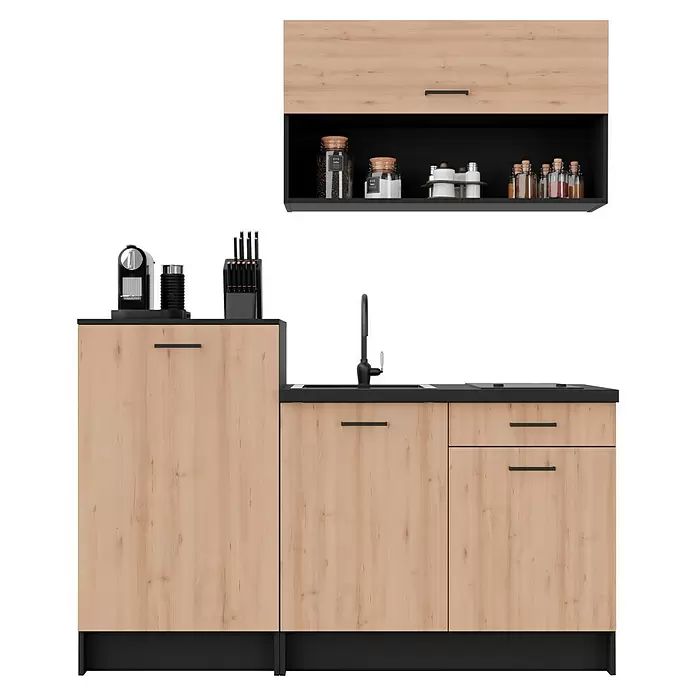 Stolarz-Lempert Küchenleerblock Smart II - Breite: 160 cm, Buche, Ohne Elektrogeräte - Moderne Küchenzeile mit hellen Holzschränken, schwarzen Arbeitsplatten, Spüle und offenem Regal mit Gewürzen, Kaffeemaschine und Messerblock.