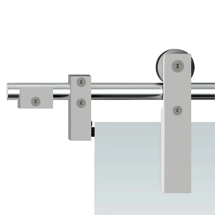 Diamond Doors Glasschiebetür-Beschlag Tender Pure - Edelstahloptik, Art Beschlag: Offen, Länge: 2.000 mm, Ohne Softeinzug - Das Bild zeigt eine moderne Glasschiebetür mit eleganten Metallbeschlägen, die das minimalistische Design des Produkts hervorheben.
