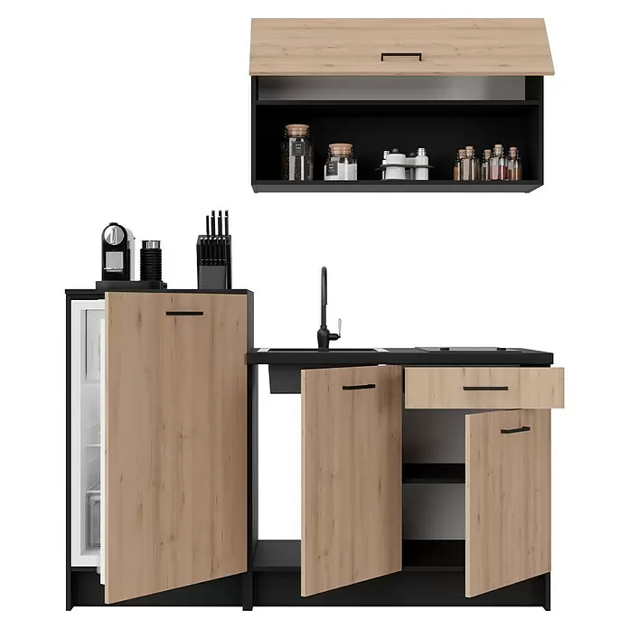 Stolarz-Lempert Küchenleerblock Smart II - Breite: 160 cm, Buche, Ohne Elektrogeräte - Moderne Küchenzeile in heller Holzoptik und Schwarz, mit Spüle, Kochfeld, integriertem Kühlschrank und offenem Regal.