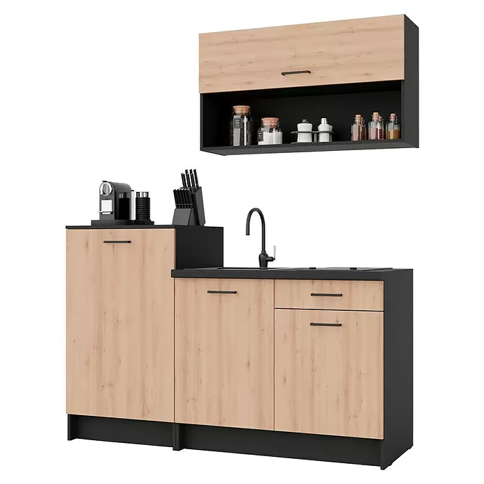 Stolarz-Lempert Küchenleerblock Smart II - Breite: 160 cm, Buche, Ohne Elektrogeräte - Helle Holz-Küchenschränke mit schwarzer Arbeitsplatte, Spüle und Regal, ausgestattet mit Kaffeemaschine und Messerblock.