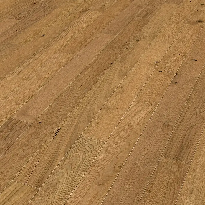 Living by Haro Parkett - Toscana Eiche, Landhausdiele, 1.000 x 120 x 11 mm - Nahaufnahme eines Parkettbodens mit warmer Holzmaserung, ideal für gemütliche Innenräume und klassisches Wohndesign.