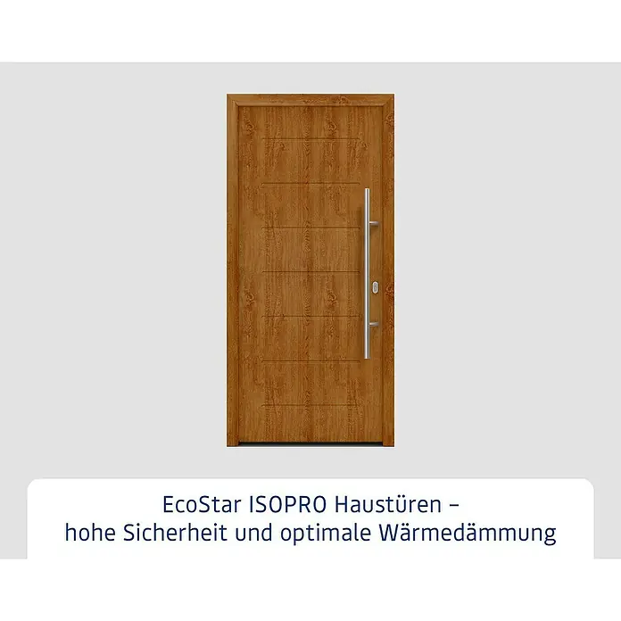 Hörmann EcoStar Haustür ISOPRO IP 015 - 110 x 210 cm, DIN Anschlag: Rechts, Golden Oak - Abgebildet ist eine moderne EcoStar ISOPRO Haustür in Holzoptik mit einem eleganten, senkrechten Griff.