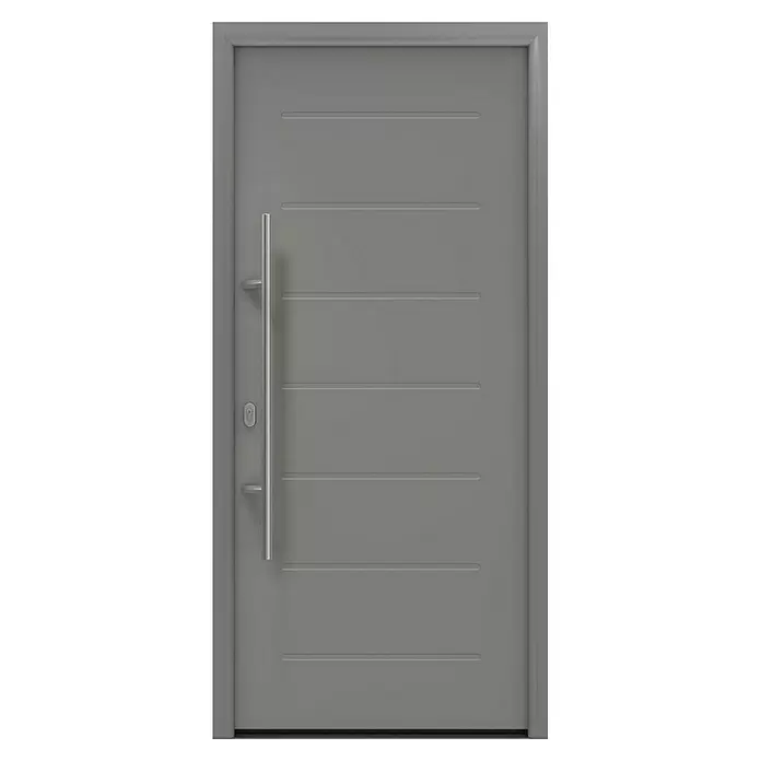 Hörmann EcoStar Haustür ISOPRO IP 015 - 110 x 210 cm, DIN Anschlag: Links, Graualuminium - Moderne graue Tür mit langem silbernem Griff und horizontalen Rillen.