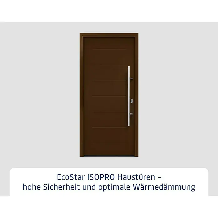 Hörmann EcoStar Haustür ISOPRO IP 015 - 110 x 210 cm, DIN Anschlag: Rechts, Terrabraun - Eine moderne EcoStar ISOPRO Haustür in Braun mit einem langen, silbernen Griff, die Sicherheit und Wärmedämmung vereint.