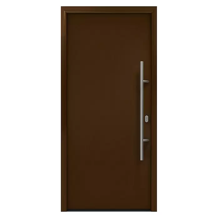 Hörmann EcoStar Haustür ISOPRO IP 010 - 110 x 210 cm, DIN Anschlag: Rechts, Terrabraun - Braune moderne Tür mit langem silbernem vertikalem Griff und Schlüsselloch.