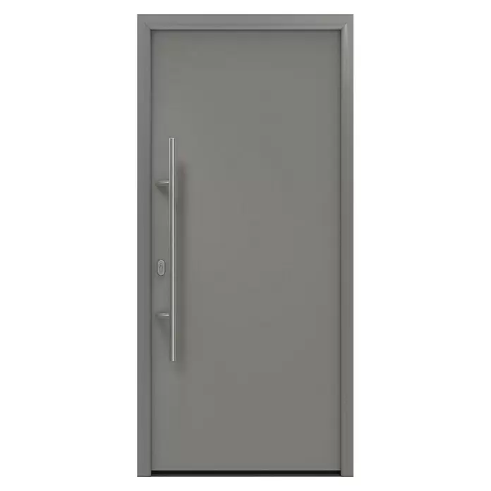 Hörmann EcoStar Haustür ISOPRO IP 010 - 110 x 210 cm, DIN Anschlag: Links, Graualuminium - Graue moderne Tür mit langem vertikalen Edelstahl-Stangengriff und Schlüsselloch.