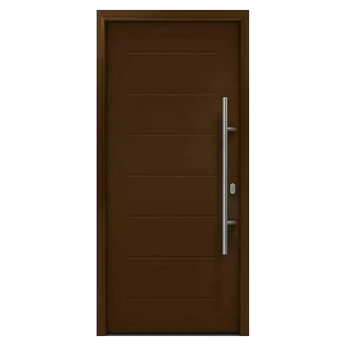 Hörmann EcoStar Haustür ISOPRO IP 015 - 110 x 210 cm, DIN Anschlag: Rechts, Terrabraun - Moderne braune Tür mit fünf horizontalen Rillen, einem langen vertikalen silbernen Griff und Schlüsselloch.