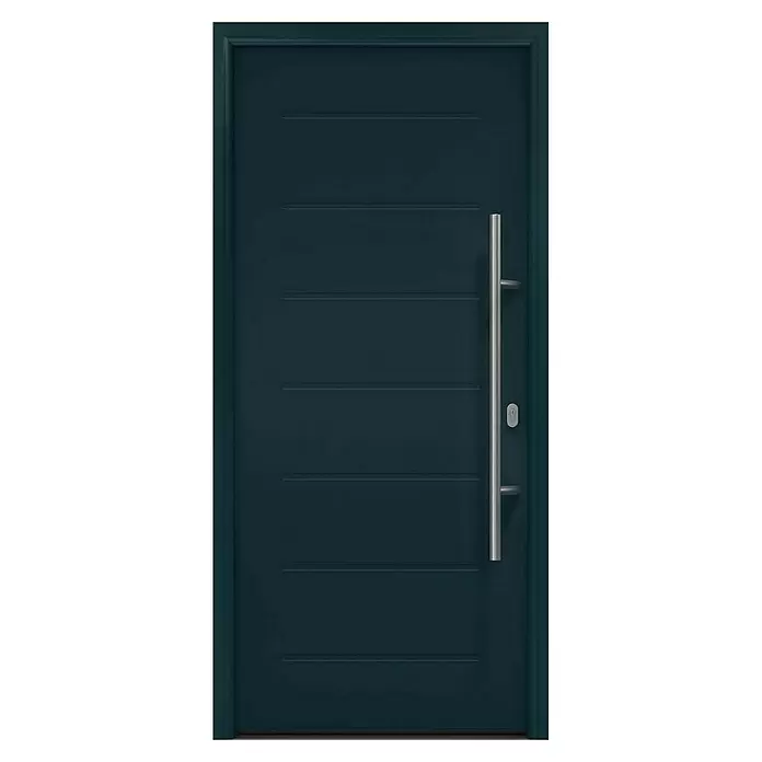 Hörmann EcoStar Haustür ISOPRO IP 015 - 110 x 210 cm, DIN Anschlag: Rechts, Anthrazitgrau - Dunkelblaue moderne Tür mit horizontalen Rillen und langem silbernem Stangengriff.