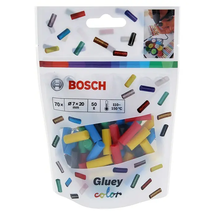 Bosch Gluey Klebepatronen Colour - 70 Stk., Durchmesser Klebepatrone: 7 mm, Farbig - Eine Packung Bosch Gluey Farbstifte, 70 Stück mit einem Durchmesser von 7 mm und einer Länge von 20 mm, ideal für kreative Bastelprojekte.