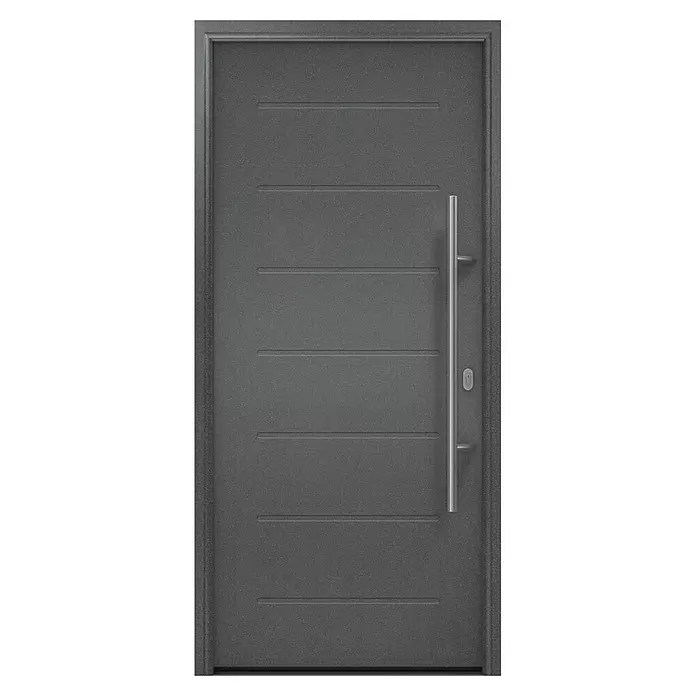 Hörmann EcoStar Haustür ISOPRO IP 015 - 110 x 210 cm, DIN Anschlag: Rechts, CH 703 Anthrazit Metallic - Moderne dunkelgraue Haustür mit horizontalen Rillen und vertikalem Edelstahl-Stangengriff.