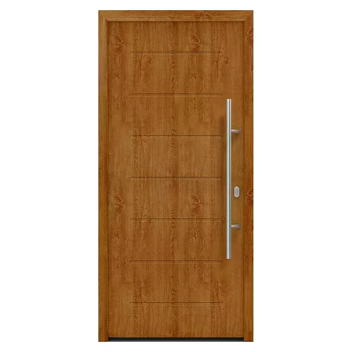 Hörmann EcoStar Haustür ISOPRO IP 015 - 110 x 210 cm, DIN Anschlag: Rechts, Golden Oak - Braune Haustür in Holzoptik mit horizontalen Rillen und langem vertikalen silbernem Griff.