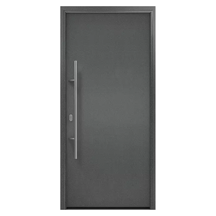 Hörmann EcoStar Haustür ISOPRO IP 010 - 110 x 210 cm, DIN Anschlag: Links, CH 703 Anthrazit Metallic - Moderne anthrazitfarbene Metall-Eingangstür mit strukturierter Oberfläche, langem vertikalen Griff und Schlüsselloch.