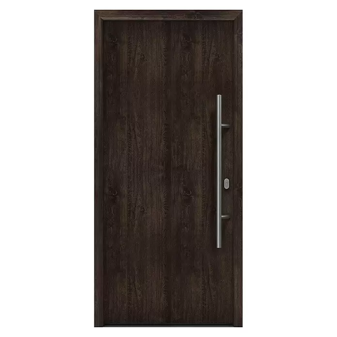 Hörmann EcoStar Haustür ISOPRO IP 010 - 110 x 210 cm, DIN Anschlag: Rechts, Night Oak - Dunkelbraune Holztür mit vertikalem Edelstahl-Stangengriff.