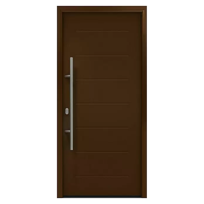 Hörmann EcoStar Haustür ISOPRO IP 015 - 110 x 210 cm, DIN Anschlag: Links, Terrabraun - Moderne braune Tür mit fünf horizontalen Rillen und einem langen silbernen Stangengriff.