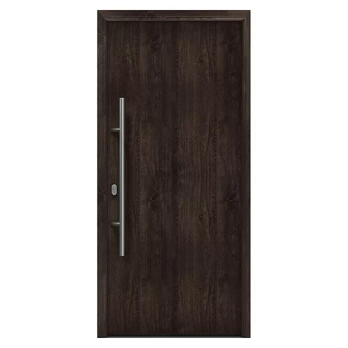 Hörmann EcoStar Haustür ISOPRO IP 010 - 110 x 210 cm, DIN Anschlag: Links, Night Oak - Dunkelbraune Holztür mit vertikalem silbernem Stangengriff und Schlüsselloch.