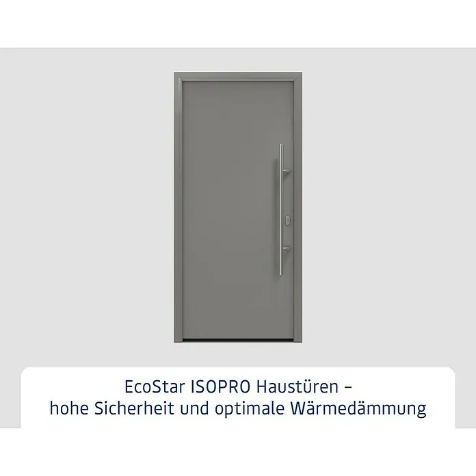 Hörmann EcoStar Haustür ISOPRO IP 010 - 110 x 210 cm, DIN Anschlag: Rechts, Graualuminium - Graue EcoStar ISOPRO Haustür mit einem langen, silbernen Griff, die Sicherheit und optimale Wärmedämmung bietet.