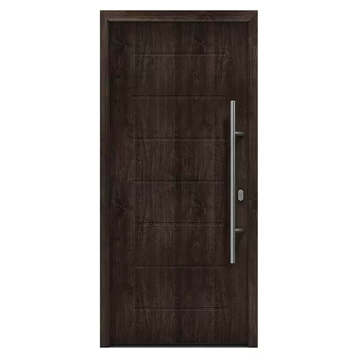 Hörmann EcoStar Haustür ISOPRO IP 015 - 110 x 210 cm, DIN Anschlag: Rechts, Night Oak - Dunkelbraune Holztür mit horizontalen Rillen und einem modernen, langen silbernen Stangengriff.