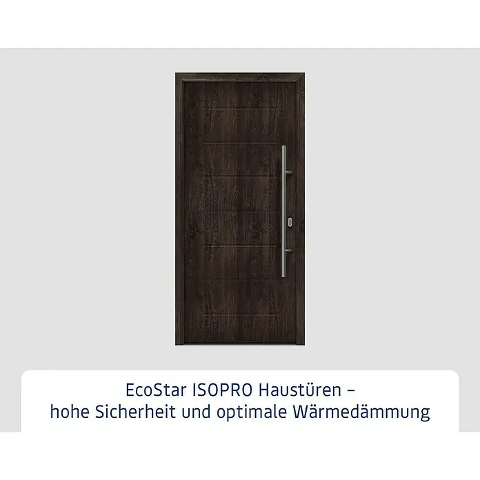 Hörmann EcoStar Haustür ISOPRO IP 015 - 110 x 210 cm, DIN Anschlag: Rechts, Night Oak - Eine moderne EcoStar ISOPRO Haustür in dunkler Holzoptik mit einem langen, senkrechten Türgriff.