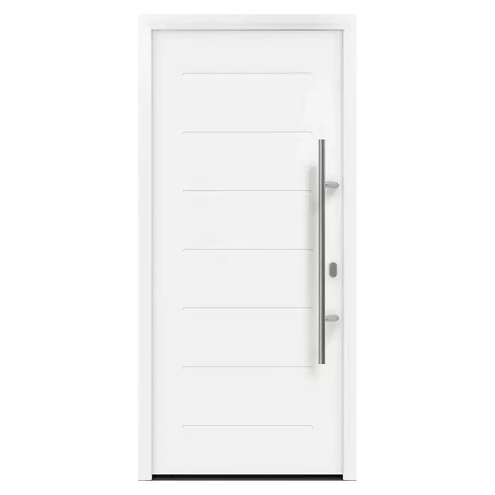 Hörmann EcoStar Haustür ISOPRO IP 015 - 110 x 210 cm, DIN Anschlag: Rechts, Verkehrsweiß - Weiße moderne Tür mit fünf horizontalen Rillen, einem langen, vertikalen Metallgriff und einem Schlüsselloch.