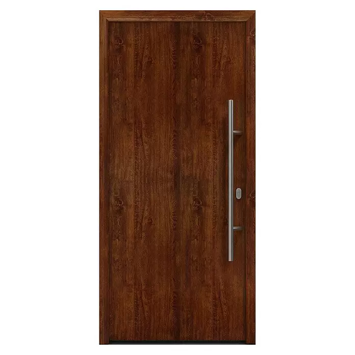 Hörmann EcoStar Haustür ISOPRO IP 010 - 110 x 210 cm, DIN Anschlag: Rechts, Dark Oak - Moderne braune Holztür mit ausgeprägter Holzmaserung, langem vertikalem silbernen Stangengriff und Schlüsselloch.