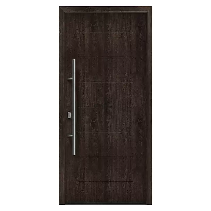 Hörmann EcoStar Haustür ISOPRO IP 015 - 110 x 210 cm, DIN Anschlag: Links, Night Oak - Dunkelbraune Holztür mit horizontalen Rillen, langem silbernen Stangengriff und Schlüsselloch.