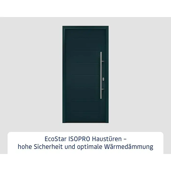 Hörmann EcoStar Haustür ISOPRO IP 015 - 110 x 210 cm, DIN Anschlag: Rechts, Anthrazitgrau - Bild einer modernen, blauen Haustür mit einem schlanken, vertikalen Türgriff.