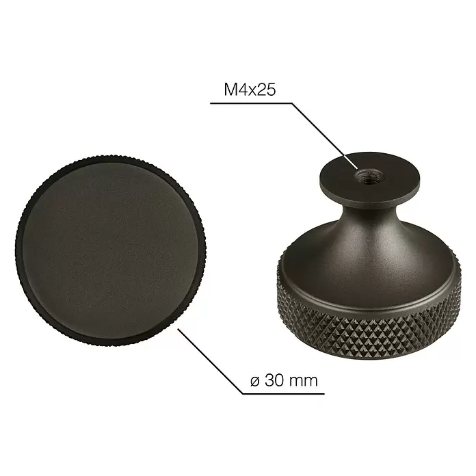 Walteco Möbelknopf Dieren - Durchmesser: 30 mm, Aluminium, Braun - Dunkelgrauer Rändelknauf, Ø 30 mm, mit M4x25 Gewinde.