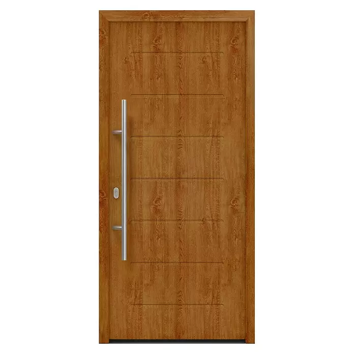 Hörmann EcoStar Haustür ISOPRO IP 015 - 110 x 210 cm, DIN Anschlag: Links, Golden Oak - Moderne hellbraune Holztür mit horizontalen Rillen, langem silbernen Stangengriff und Schlüsselloch.
