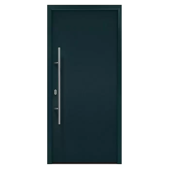 Hörmann EcoStar Haustür ISOPRO IP 010 - 110 x 210 cm, DIN Anschlag: Links, Anthrazitgrau - Dunkelblaue Tür mit langem silbernem Stangengriff und Schlüsselloch.