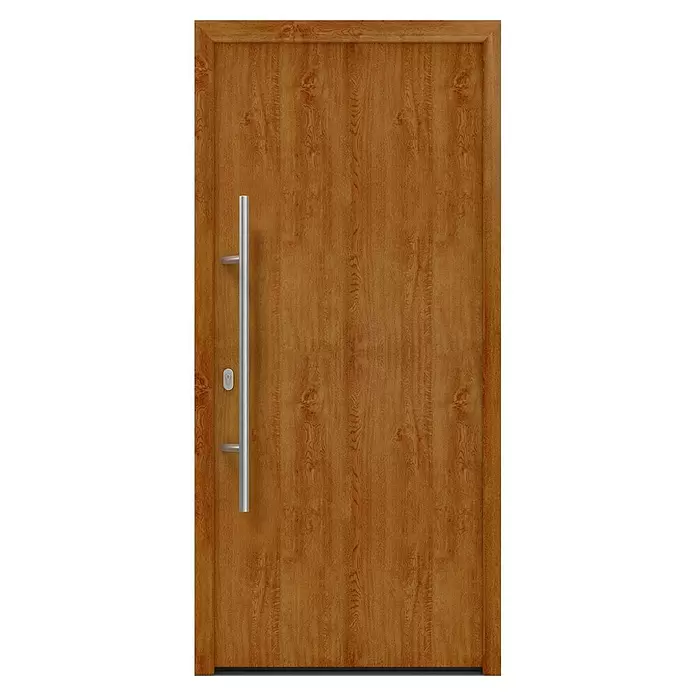 Hörmann EcoStar Haustür ISOPRO IP 010 - 110 x 210 cm, DIN Anschlag: Links, Golden Oak - Moderne braune Holzeingangstür mit vertikalem Edelstahl-Stangengriff und Schlüsselloch.
