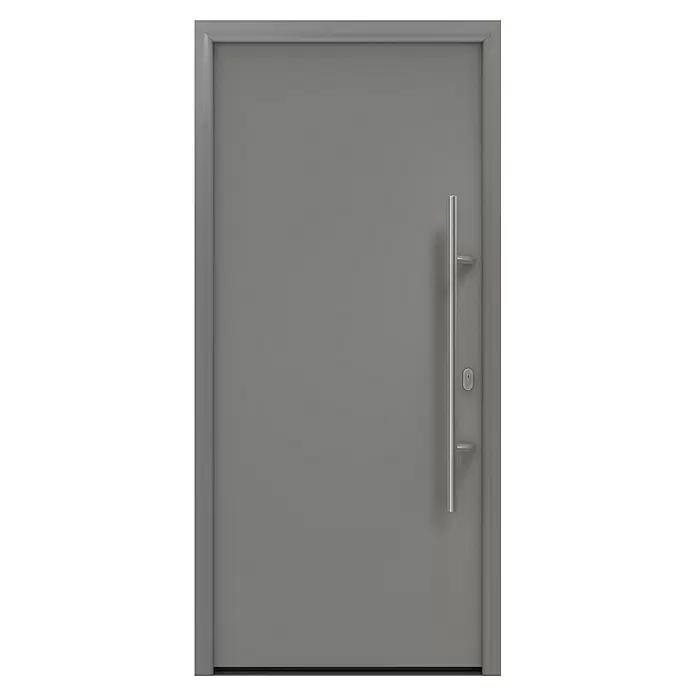 Hörmann EcoStar Haustür ISOPRO IP 010 - 110 x 210 cm, DIN Anschlag: Rechts, Graualuminium - Moderne graue Eingangstür mit vertikalem silbernem Stangengriff.