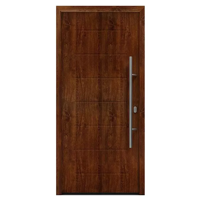 Hörmann EcoStar Haustür ISOPRO IP 015 - 110 x 210 cm, DIN Anschlag: Rechts, Dark Oak - Braune Holz-Eingangstür mit horizontalen Rillen und vertikalem Edelstahl-Stangengriff.