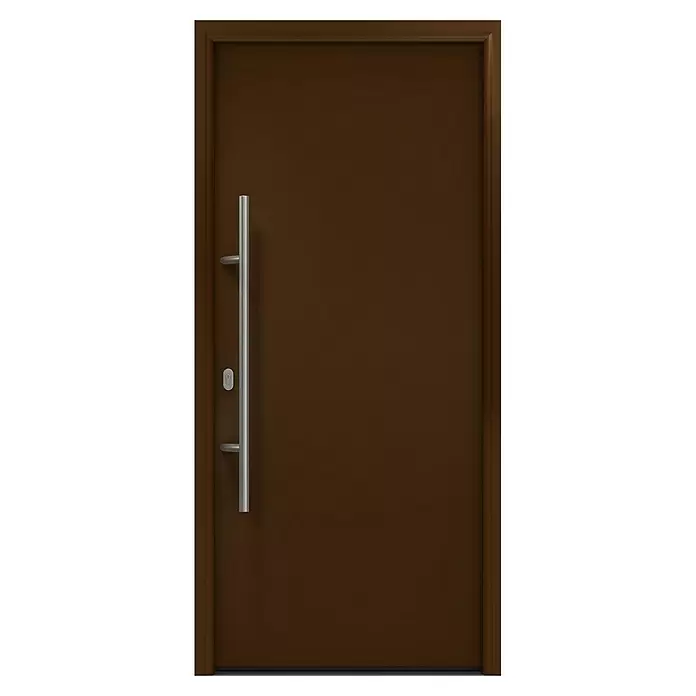 Hörmann EcoStar Haustür ISOPRO IP 010 - 110 x 210 cm, DIN Anschlag: Links, Terrabraun - Braune Tür mit modernem silbernem Stangengriff und Schloss.