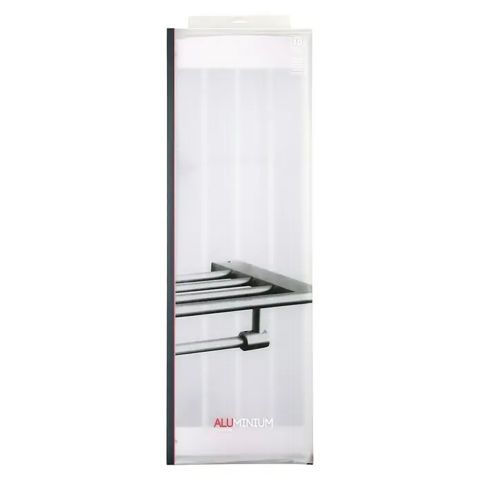 Tatay Aluminium Portatoallas - Con barra toallero - Embalaje de un toallero de aluminio para montaje en pared. El embalaje es transparente y muestra el producto.