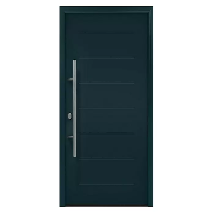 Hörmann EcoStar Haustür ISOPRO IP 015 - 110 x 210 cm, DIN Anschlag: Links, Anthrazitgrau - Dunkelblaue moderne Eingangstür mit horizontalen Rillen und langem silbernen Griff.