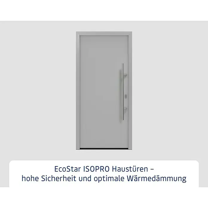 Hörmann EcoStar Haustür ISOPRO IP 010 - 110 x 210 cm, DIN Anschlag: Rechts, Weißaluminium - EcoStar ISOPRO Haustür: Eine moderne, graue Haustür mit einem langen, vertikalen Griff, die Sicherheit und optimale Wärmedämmung bietet.
