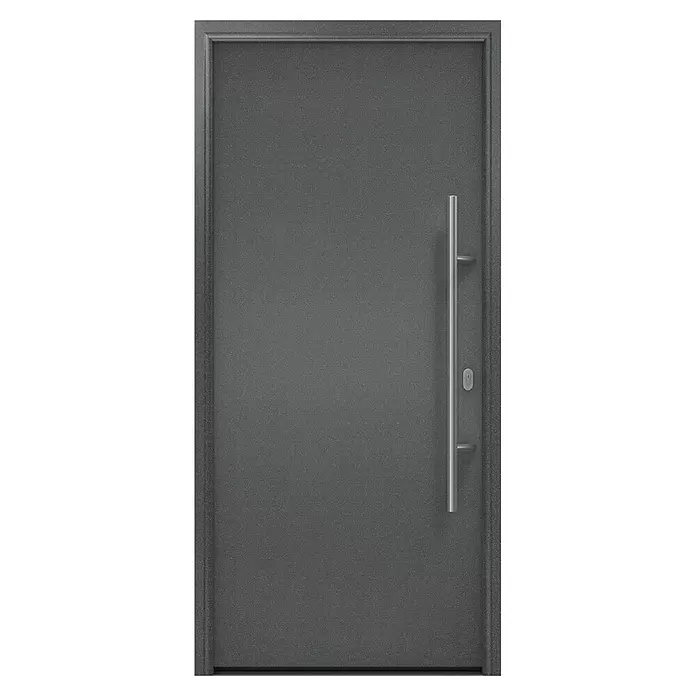 Hörmann EcoStar Haustür ISOPRO IP 010 - 110 x 210 cm, DIN Anschlag: Rechts, CH 703 Anthrazit Metallic - Moderne, dunkelgraue Eingangstür mit texturierter Oberfläche, langem vertikalen Stangengriff und Schlüsselloch.