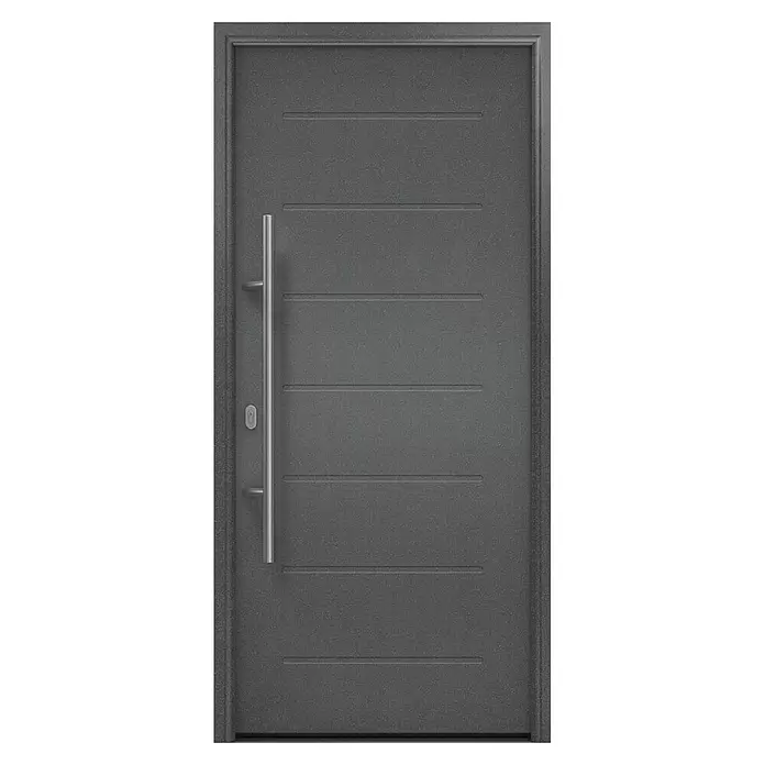 Hörmann EcoStar Haustür ISOPRO IP 015 - 110 x 210 cm, DIN Anschlag: Links, CH 703 Anthrazit Metallic - Dunkelgraue moderne Eingangstür mit strukturierter Oberfläche, langem silbernem Griff und horizontalen Einfräsungen.