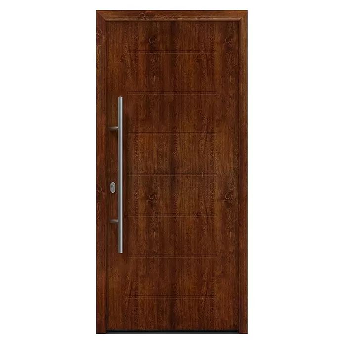 Hörmann EcoStar Haustür ISOPRO IP 015 - 110 x 210 cm, DIN Anschlag: Links, Dark Oak - Moderne braune Holztür mit horizontalen Rillen, langem silbernen Griff und Schlüsselloch.