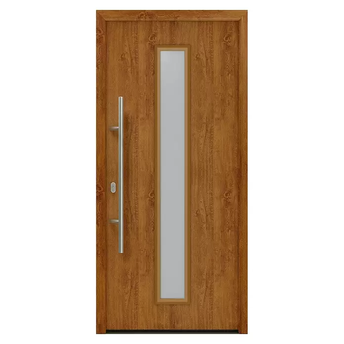 Hörmann EcoStar Haustür ISOPRO IP 020S - 110 x 210 cm, DIN Anschlag: Links, Golden Oak - Holz-Eingangstür in Mittelbraun mit vertikaler Milchglasscheibe und modernem Stangengriff aus gebürstetem Metall.